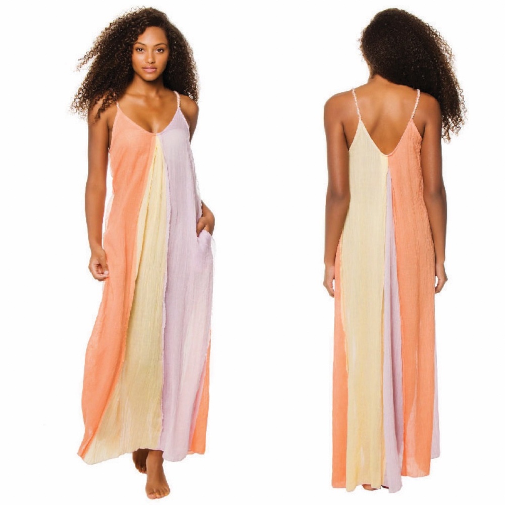 ELAN Colorblock Maxi Dress Size M Swim Cover-Up Beach Pockets Flowy Made in USA - Picture 11 of 11
